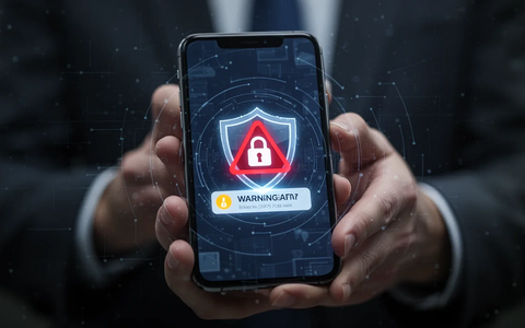 Ein Smartphone-Bildschirm zeigt eine Warnmeldung oder ein Sicherheitssymbol, mit im Hintergrund leicht verschwommenen Händen, die das Telefon halten. - Foto: über boerse-global.de