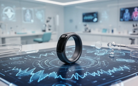 Ein schlanker, minimalistischer Smart Ring auf einem Display mit biometrischen Daten, umgeben von futuristischen Gesundheitstechnologie-Elementen. - Foto: über boerse-global.de