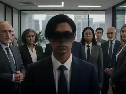 A diverse group of professionals in a modern office setting, with one person's face subtly obscured, conveying a sense of unease. - Foto: über boerse-global.de