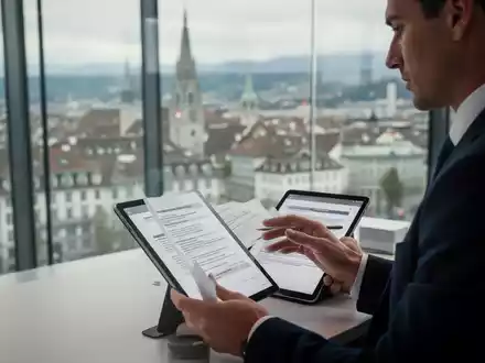 A data protection officer reviews digital documents on a tablet in a modern Swiss office, with a city visible outside. - Foto: über boerse-global.de