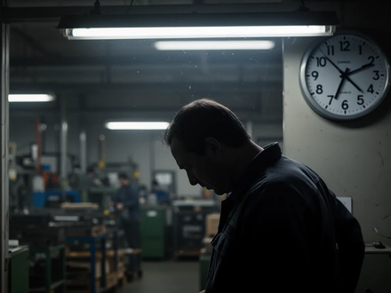 A worker's silhouette against a blurred backdrop of a dimly lit office, with a clock showing late hours. - Foto: über boerse-global.de