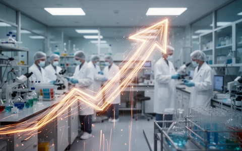 Ein stilisierter, nach oben gerichteter Pfeil aus Lichtstreifen über einem verschwommenen pharmazeutischen Labor, das Wachstum symbolisiert. - Foto: über boerse-global.de