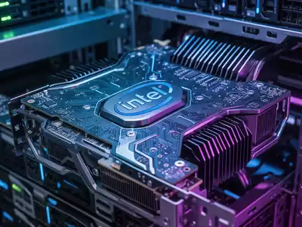 Close-up of a futuristic Intel datacenter GPU with blue and purple lighting, highlighting circuits and cooling fins in a server rack. - Foto: über boerse-global.de