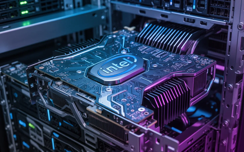 Close-up of a futuristic Intel datacenter GPU with blue and purple lighting, highlighting circuits and cooling fins in a server rack. - Foto: über boerse-global.de