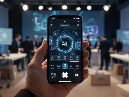 A hand holding a modern iPhone, its screen displaying advanced camera settings and AI features, with a blurred tech background. - Foto: über boerse-global.de