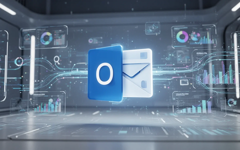 Stylized Microsoft Outlook logo within a modern digital interface, showing abstract data flow and productivity tools, representing new software. - Foto: über boerse-global.de
