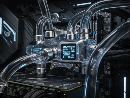 Close-up of advanced PC liquid cooling components, showcasing detailed tubing, metallic textures, and subtle digital readouts. - Foto: über boerse-global.de