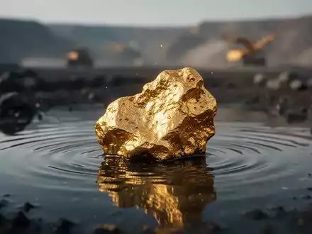 Ein glänzender Goldklumpen, teilweise in dunklem Wasser, mit angedeuteter Bergbaulandschaft im Hintergrund. - Foto: über boerse-global.de