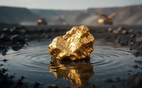 Ein glänzender Goldklumpen, teilweise in dunklem Wasser, mit angedeuteter Bergbaulandschaft im Hintergrund. - Foto: über boerse-global.de