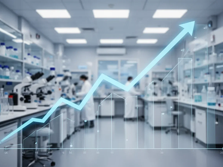 Ein aufsteigender Graph über einem unscharfen Hintergrund eines modernen pharmazeutischen Forschungslabors, der Wachstum symbolisiert. - Foto: über boerse-global.de