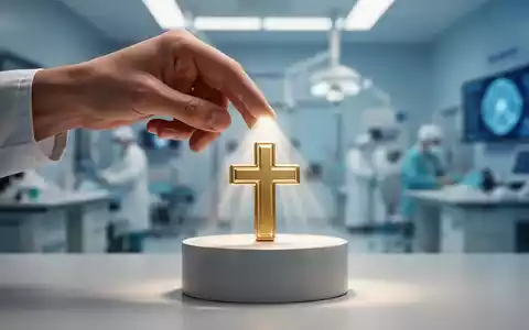 Eine Hand platziert ein stilisiertes, goldenes medizinisches Kreuz auf einem Podest, umgeben von einem modernen Gesundheitswesen-Hintergrund. - Foto: über boerse-global.de