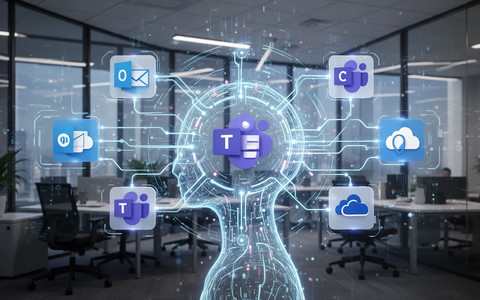 A glowing, abstract digital interface with subtle icons representing Microsoft 365 apps, symbolizing AI automation in a corporate setting. - Foto: über boerse-global.de