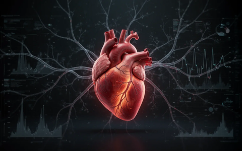 An illuminated anatomical human heart with glowing pathways, representing complex health data and research on cholesterol management. - Foto: über boerse-global.de