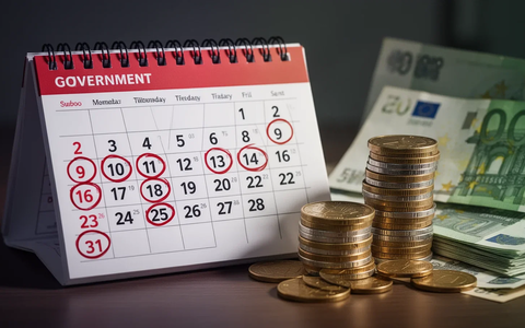 Ein Kalender mit eingekreisten Daten neben einem Stapel Euro-Münzen und -Scheinen, der finanzielle Planung und staatliche Leistungen darstellt. - Foto: über boerse-global.de