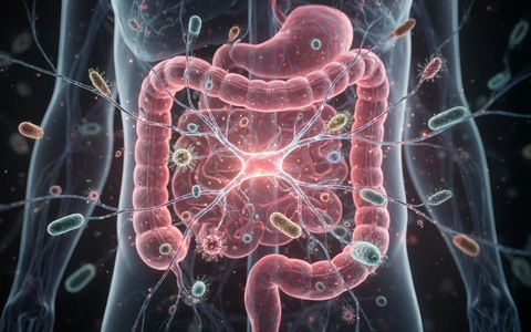 Abstrakte Darstellung des Darm-Mikrobioms mit leuchtenden Nervenbahnen und Mikroorganismen, die die Verbindung zwischen Darm, Gehirn und Immunsystem symbolisieren. - Foto: über boerse-global.de