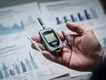 Nahaufnahme einer Hand, die ein Blutzuckermessgerät hält, mit verschwommenen medizinischen Diagrammen im Hintergrund. - Foto: über boerse-global.de