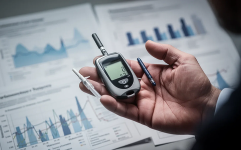 Nahaufnahme einer Hand, die ein Blutzuckermessgerät hält, mit verschwommenen medizinischen Diagrammen im Hintergrund. - Foto: über boerse-global.de