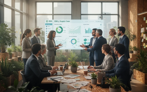 Business professionals collaborating in a modern office, looking at a digital dashboard with ESG data, symbolizing sustainable retail supply chains. - Foto: über boerse-global.de