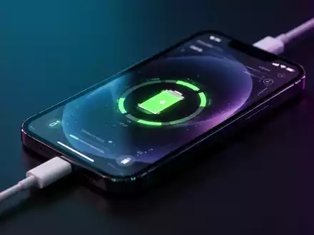 A close-up of an iPhone 17 Pro Max charging with a cable, its screen displaying a battery icon. The setting is dark with blue and purple lighting. - Foto: über boerse-global.de