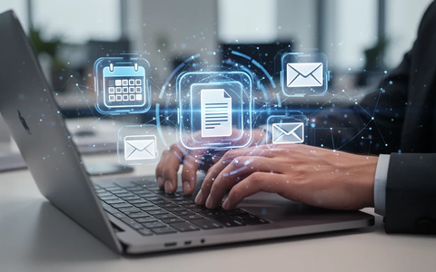 Close-up of hands typing on a MacBook keyboard, with digital productivity app icons floating above the screen. - Foto: über boerse-global.de