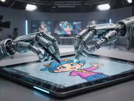 A robotic hand with glowing blue lines sketches an animated character on a tablet, set against a blurred film studio. - Foto: über boerse-global.de