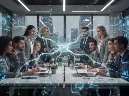 Abstract image showing glowing neural network lines connecting diverse professionals in a modern, high-tech office environment. - Foto: über boerse-global.de