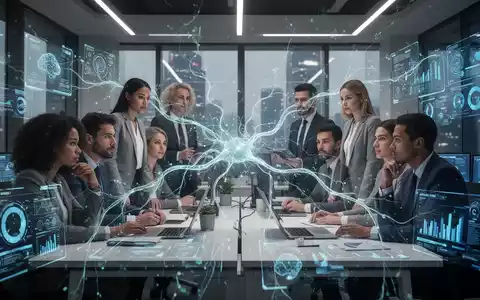 Abstract image showing glowing neural network lines connecting diverse professionals in a modern, high-tech office environment. - Foto: über boerse-global.de
