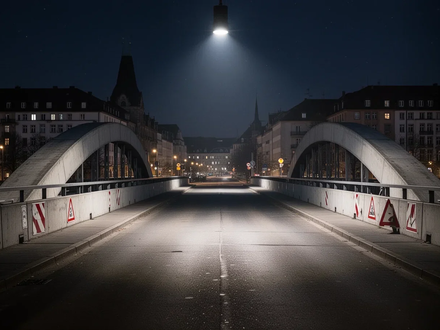 Eine leere, gesperrte Betonbrücke mit Absperrungen und Warnschildern in einer deutschen Stadt bei Nacht. - Foto: über boerse-global.de