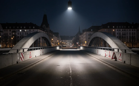 Eine leere, gesperrte Betonbrücke mit Absperrungen und Warnschildern in einer deutschen Stadt bei Nacht. - Foto: über boerse-global.de