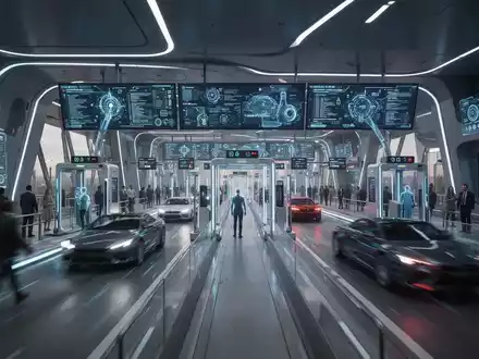 A high-tech border crossing with advanced scanning technology, digital interfaces, and multiple lanes for vehicles, symbolizing efficient international transit. - Foto: über boerse-global.de