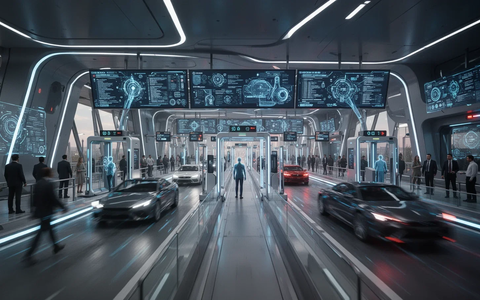 A high-tech border crossing with advanced scanning technology, digital interfaces, and multiple lanes for vehicles, symbolizing efficient international transit. - Foto: über boerse-global.de