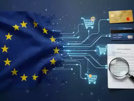 Stylized EU flag merging with a flow chart and icons for shopping, credit, and document review, representing BNPL regulation. - Foto: über boerse-global.de