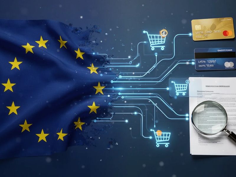 Stylized EU flag merging with a flow chart and icons for shopping, credit, and document review, representing BNPL regulation. - Foto: über boerse-global.de