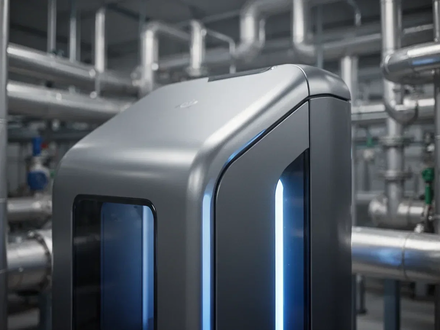 Nahaufnahme einer modernen Wasserstoffbrennstoffzelle mit blauer Beleuchtung, umgeben von verschwommenen Industrieanlagen, die saubere Energie und Finanzinvestitionen symbolisieren. - Foto: über boerse-global.de