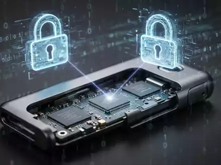 Nahaufnahme einer Hardware-Krypto-Wallet mit sichtbaren internen Chips und einem Laserstrahl, der auf einen Chip zielt. Im Hintergrund ein digitales Vorhängeschloss. - Foto: über boerse-global.de