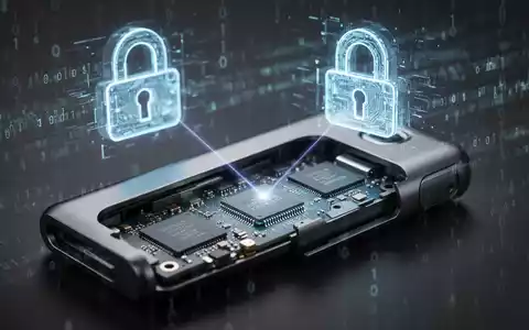 Nahaufnahme einer Hardware-Krypto-Wallet mit sichtbaren internen Chips und einem Laserstrahl, der auf einen Chip zielt. Im Hintergrund ein digitales Vorhängeschloss. - Foto: über boerse-global.de