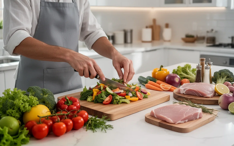 Hände bereiten eine gesunde Mahlzeit mit frischen Zutaten in einer modernen Küche zu, Fokus auf achtsame Essenszubereitung. - Foto: über boerse-global.de