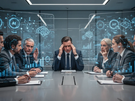 Führungskräfte in einem modernen Konferenzraum betrachten komplexe Datenvisualisierungen zu KI und Regulierung, einige wirken gestresst, andere diskutieren angeregt. - Foto: über boerse-global.de