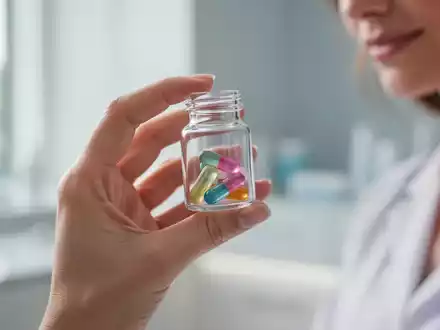 Nahaufnahme einer weiblichen Hand, die eine kleine Glasflasche mit bunten Kapseln hält, symbolisiert Frauengesundheit und Nahrungsergänzungsmittel. - Foto: über boerse-global.de