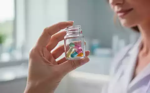 Nahaufnahme einer weiblichen Hand, die eine kleine Glasflasche mit bunten Kapseln hält, symbolisiert Frauengesundheit und Nahrungsergänzungsmittel. - Foto: über boerse-global.de