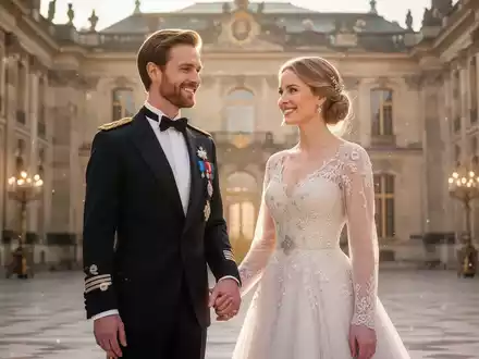 Ein elegantes, lächelndes Königspaar, Prinz Gustav und Prinzessin Carina, in festlicher Kleidung, Händchen haltend. - Foto: über boerse-global.de