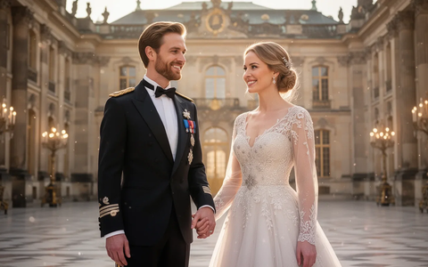 Ein elegantes, lächelndes Königspaar, Prinz Gustav und Prinzessin Carina, in festlicher Kleidung, Händchen haltend. - Foto: über boerse-global.de