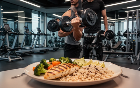 Eine Person trainiert mit einer Hantel in einem Fitnessstudio, während im Vordergrund eine gesunde Mahlzeit angerichtet ist. - Foto: über boerse-global.de