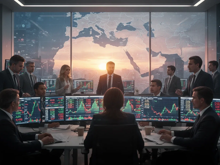Finanzexperten in einem Handelsraum beobachten Bildschirme mit Marktdaten und einer stilisierten Nahostkarte bei Sonnenaufgang. - Foto: über boerse-global.de