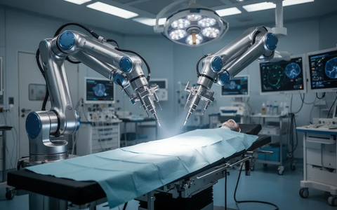 Ein robotergestützter Operationsarm über einem Operationstisch in einem hochmodernen Operationssaal, der Präzision und Innovation symbolisiert. - Foto: über boerse-global.de
