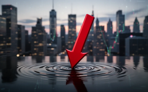 Ein roter Pfeil zeigt scharf nach unten und durchbricht eine dunkle, reflektierende Oberfläche mit einer verschwommenen Finanzviertel-Skyline im Hintergrund. - Foto: über boerse-global.de