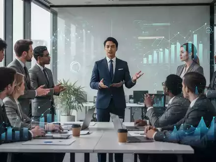Eine Gruppe von Geschäftsleuten in einem modernen Büro, die sich an einem Tisch versammelt, während eine Person selbstbewusst präsentiert. - Foto: über boerse-global.de