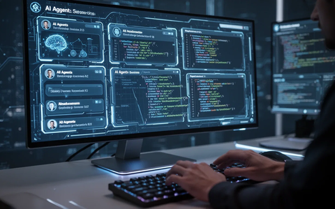 Ein futuristisches Dashboard mit Code und Diagrammen, das die Steuerung mehrerer KI-Agentensitzungen in einer Softwareentwicklungsumgebung zeigt. - Foto: über boerse-global.de