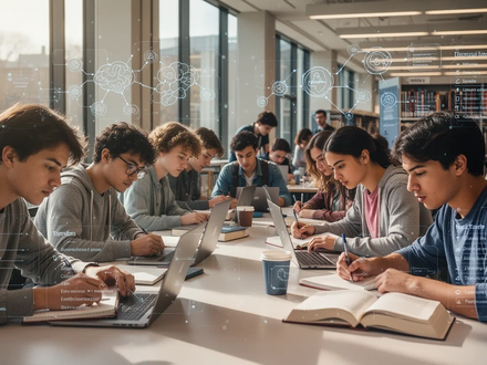 Studierende arbeiten konzentriert an Laptops und in Notizbüchern in einer modernen Universitätsbibliothek, umgeben von Büchern. - Foto: über boerse-global.de