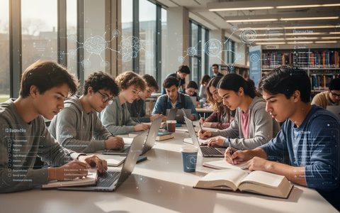Studierende arbeiten konzentriert an Laptops und in Notizbüchern in einer modernen Universitätsbibliothek, umgeben von Büchern. - Foto: über boerse-global.de
